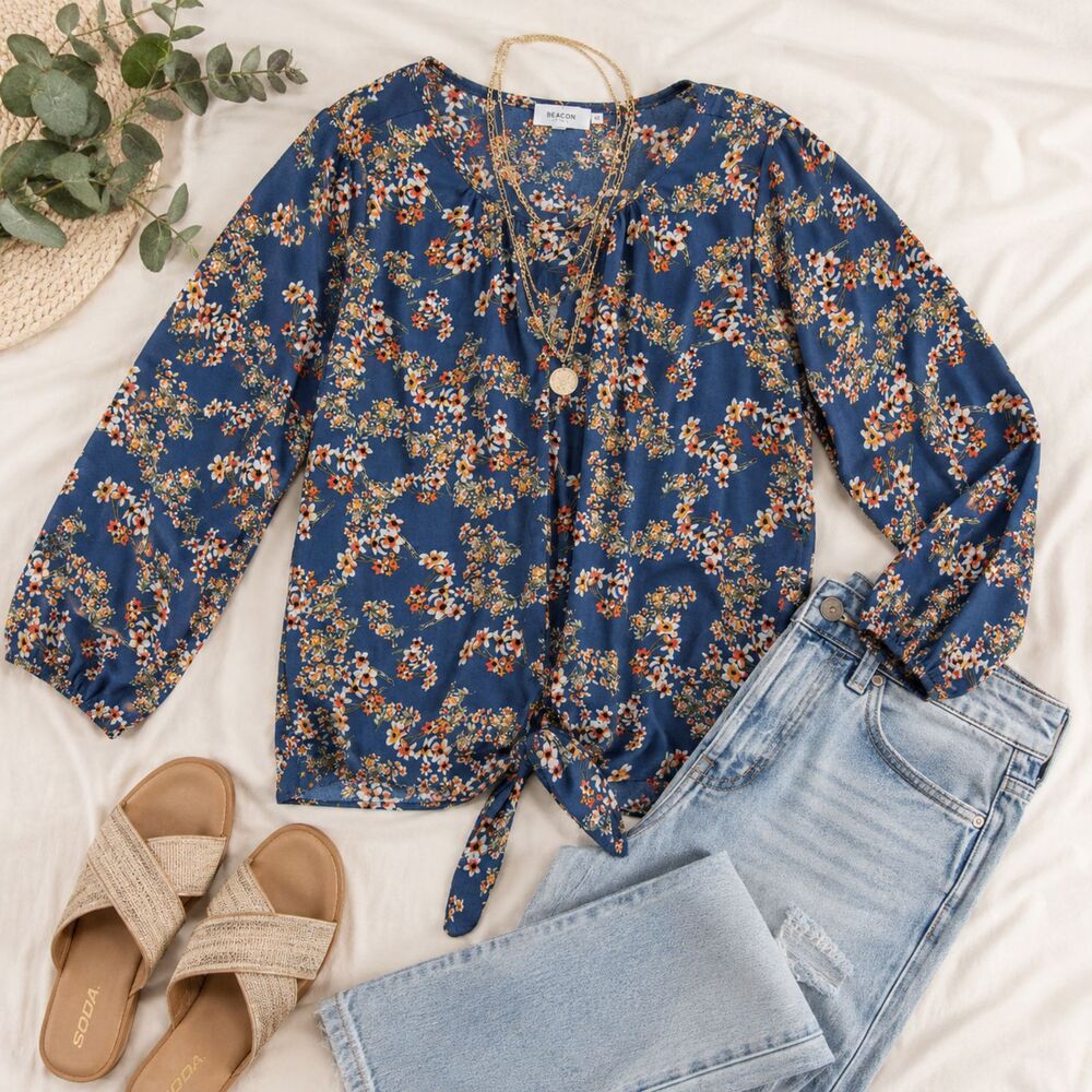Beacon Apparel Floral Tie Front Blouse Blue Boho Peasant Top Women's XL